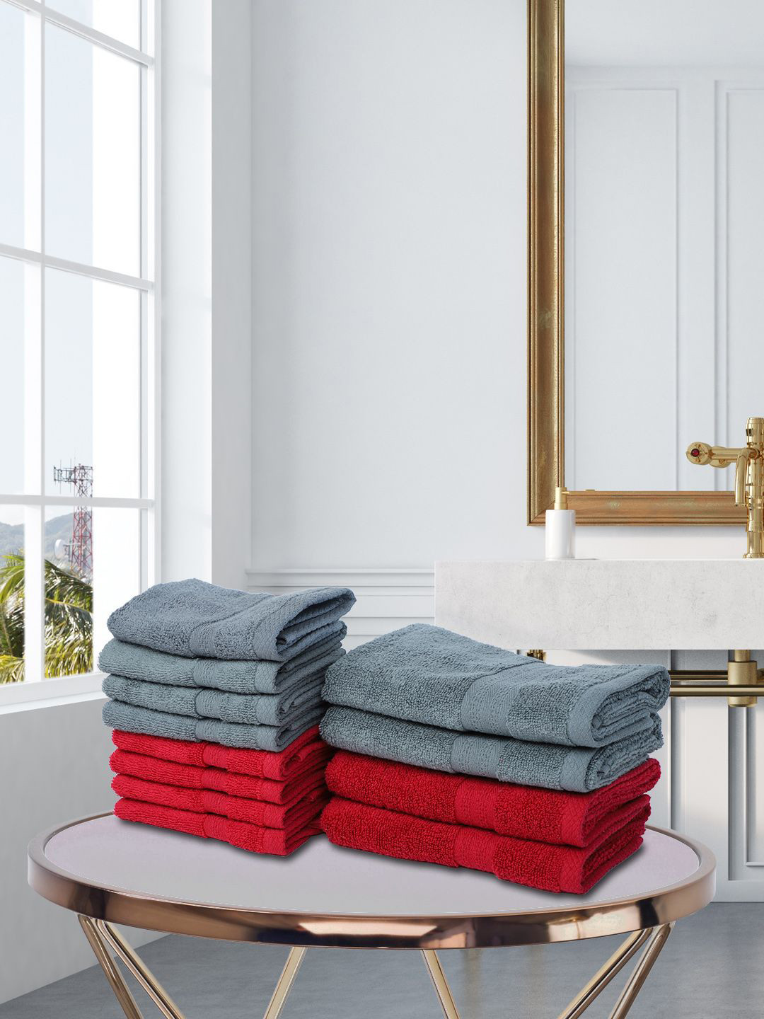 

BIANCA Red & Grey 12-Pieces Solid 500 GSM Cotton Face & Hand Towels Set