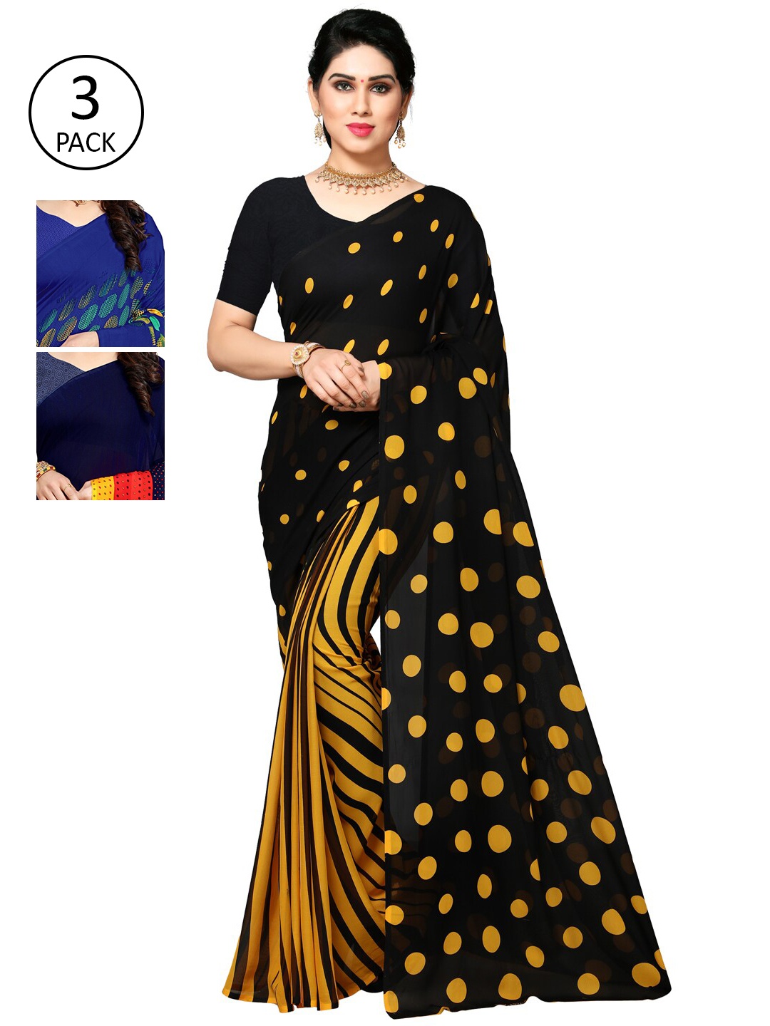 

KALINI Pack Of 3 Printed Sarees, Black