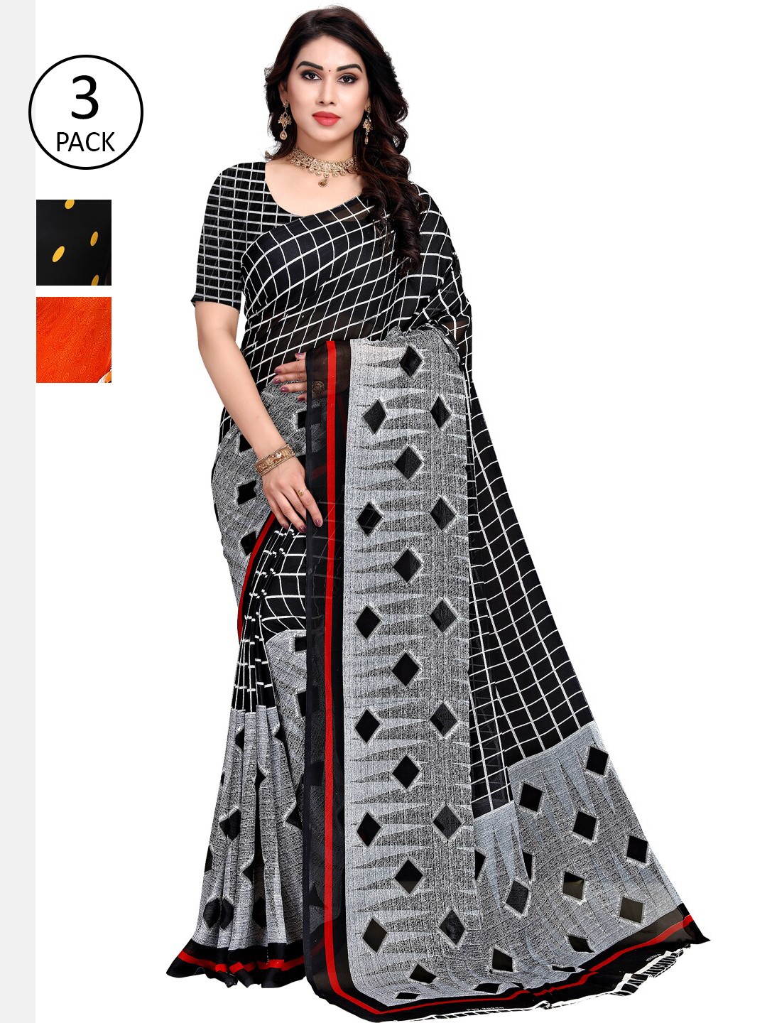 

KALINI Pack of 3 Printed Poly Georgette Saree, Multi