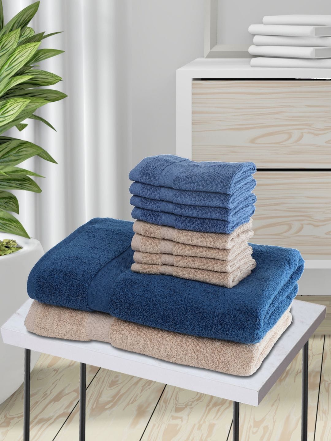

BIANCA Set Of 10 Solid Zero-Twist 500 GSM Pure Cotton Ultra-Fluffy Towels, Navy blue