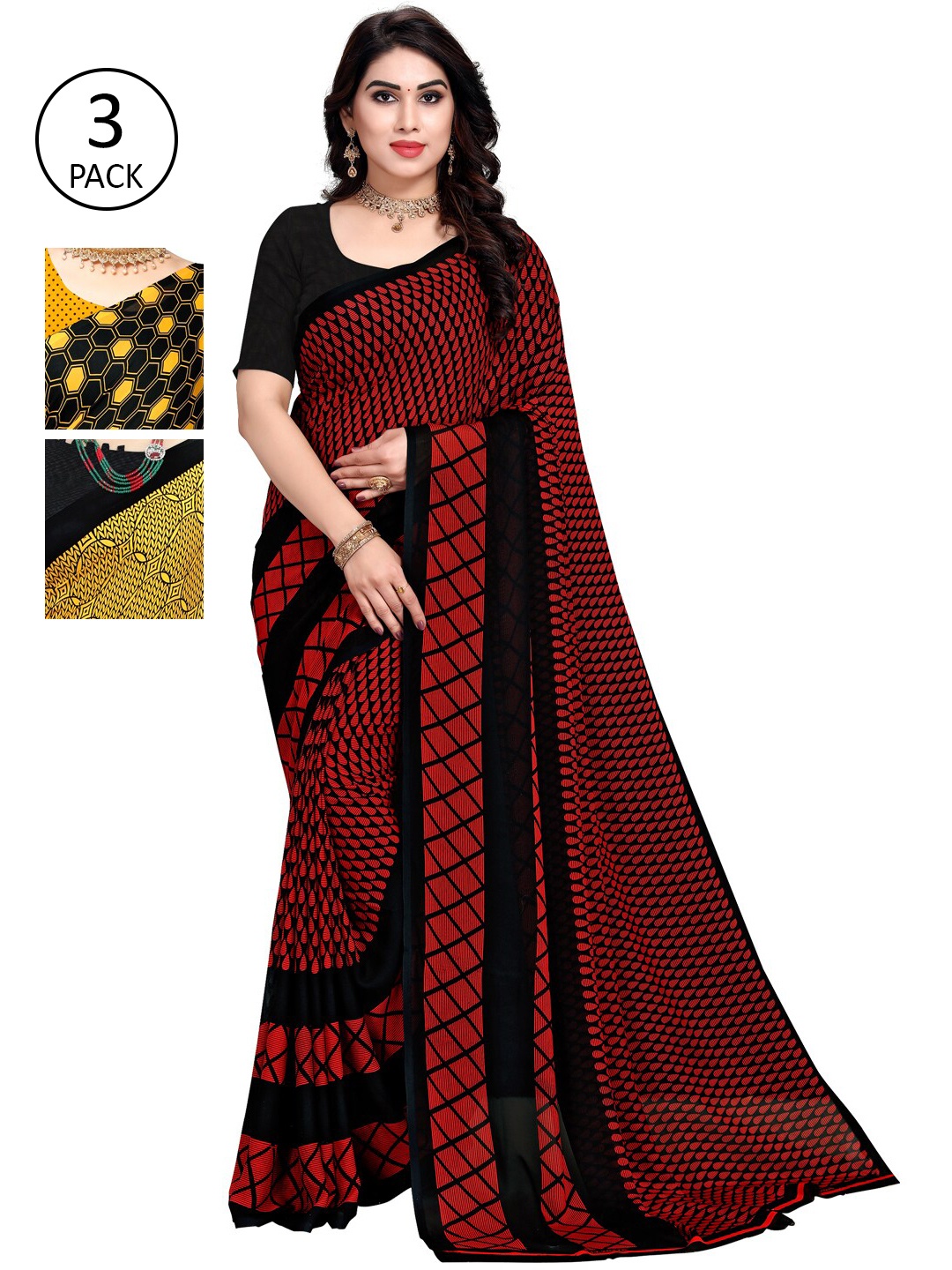 

KALINI Pack of 3 Poly Georgette Printed Sarees, Yellow