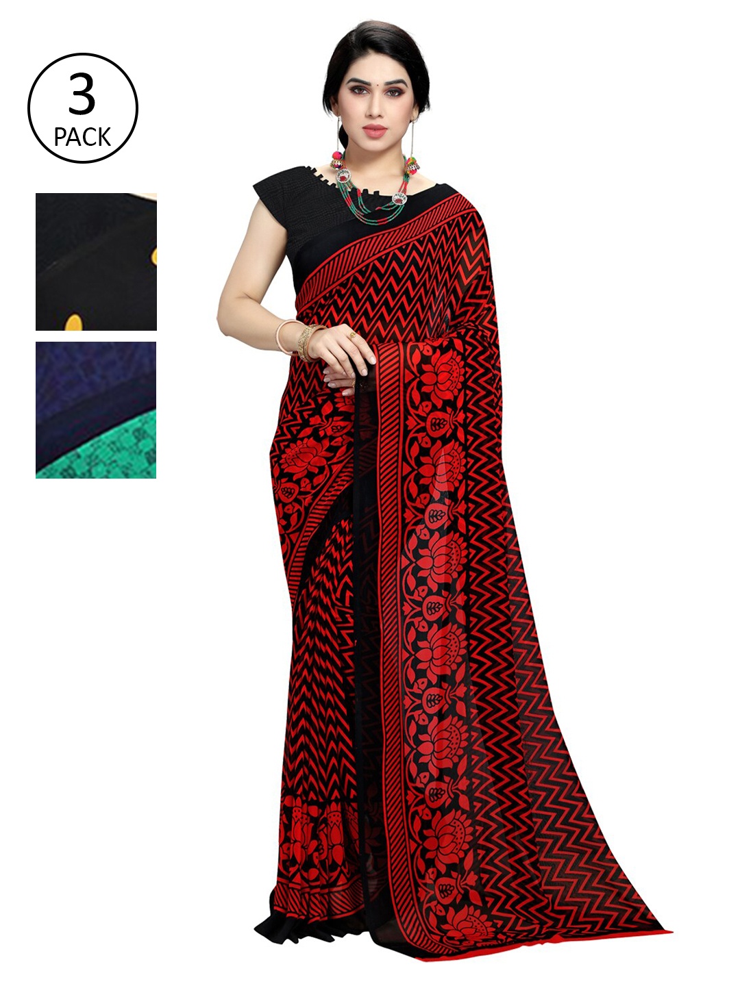 

KALINI Pack Of 3 Green & Red Poly Georgette Saree