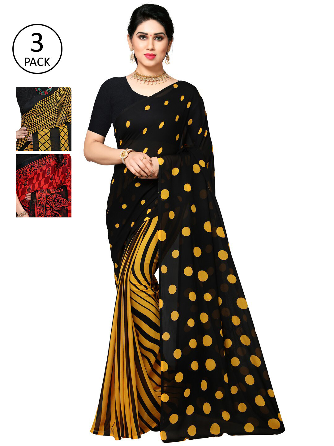 

KALINI Pack of 3 Poly Georgette Printed Sarees, Mustard