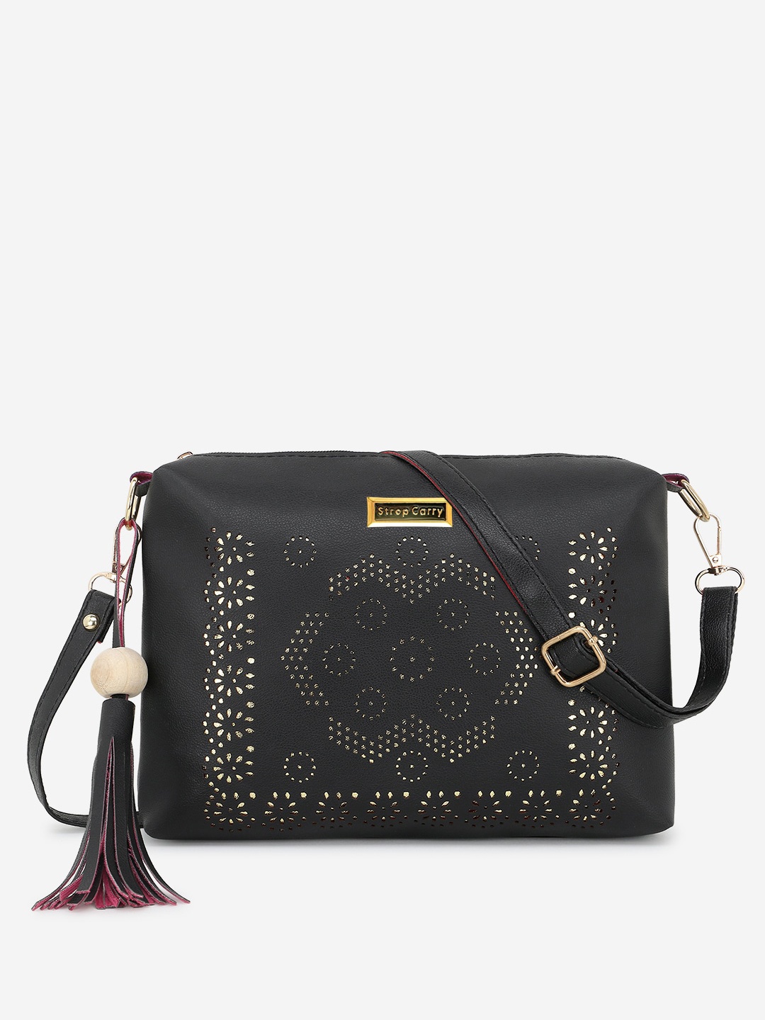 

Stropcarry Black Geometric Checked Structured Sling Bag with Cut Work