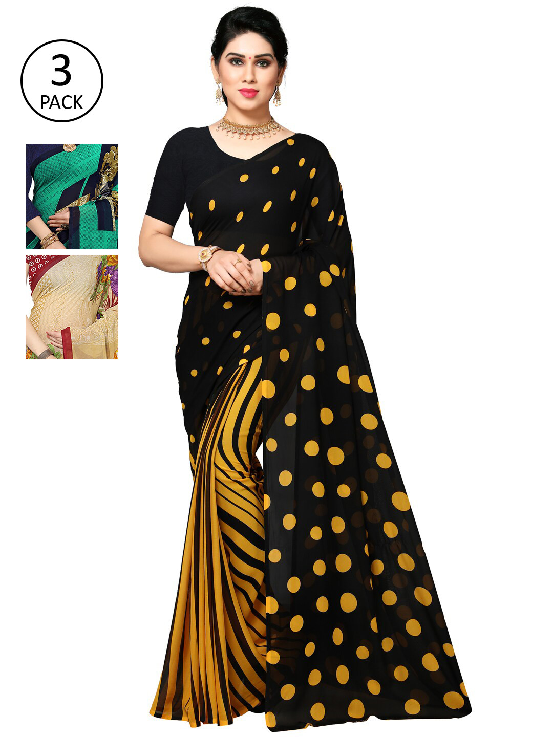 

KALINI Pack Of 3 Yellow & Black Saree