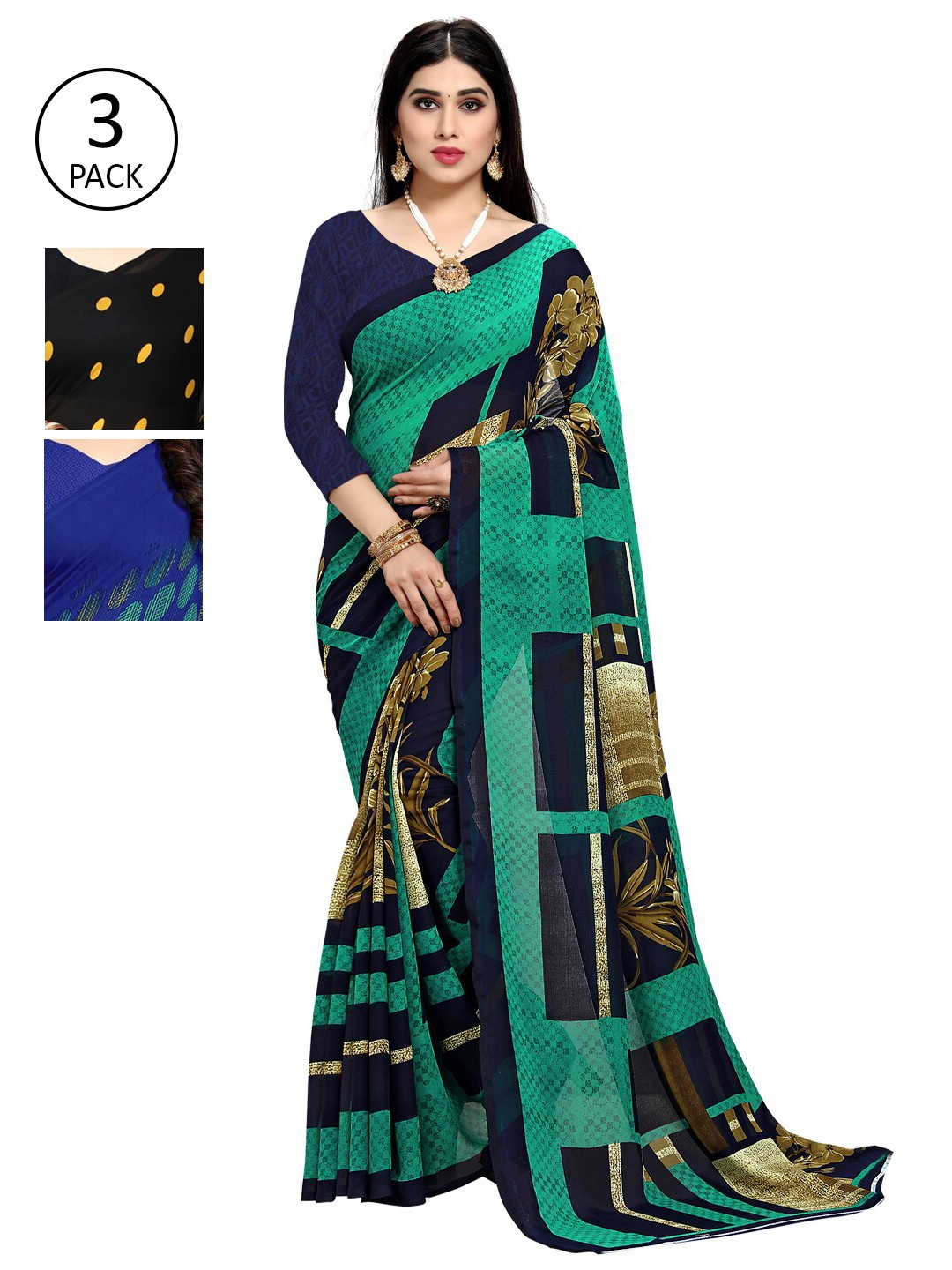 

KALINI Pack of 3 Yellow & Black Printed Saree