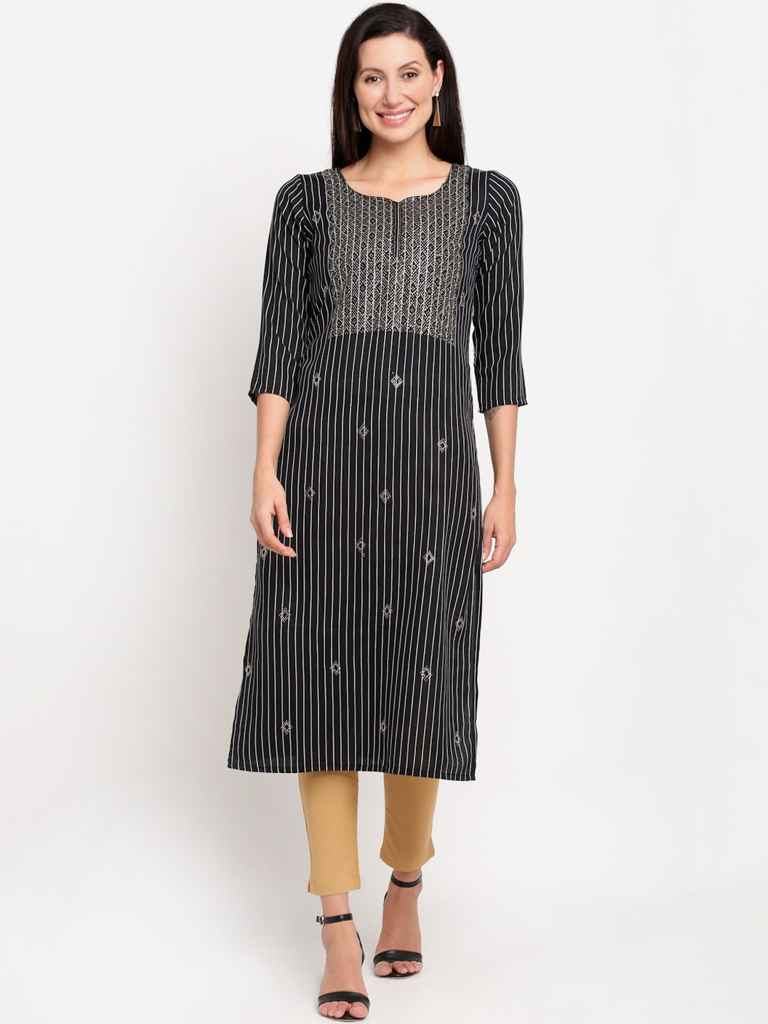 

Lovely Lady Women Black & White Striped Straight Kurta with stone work