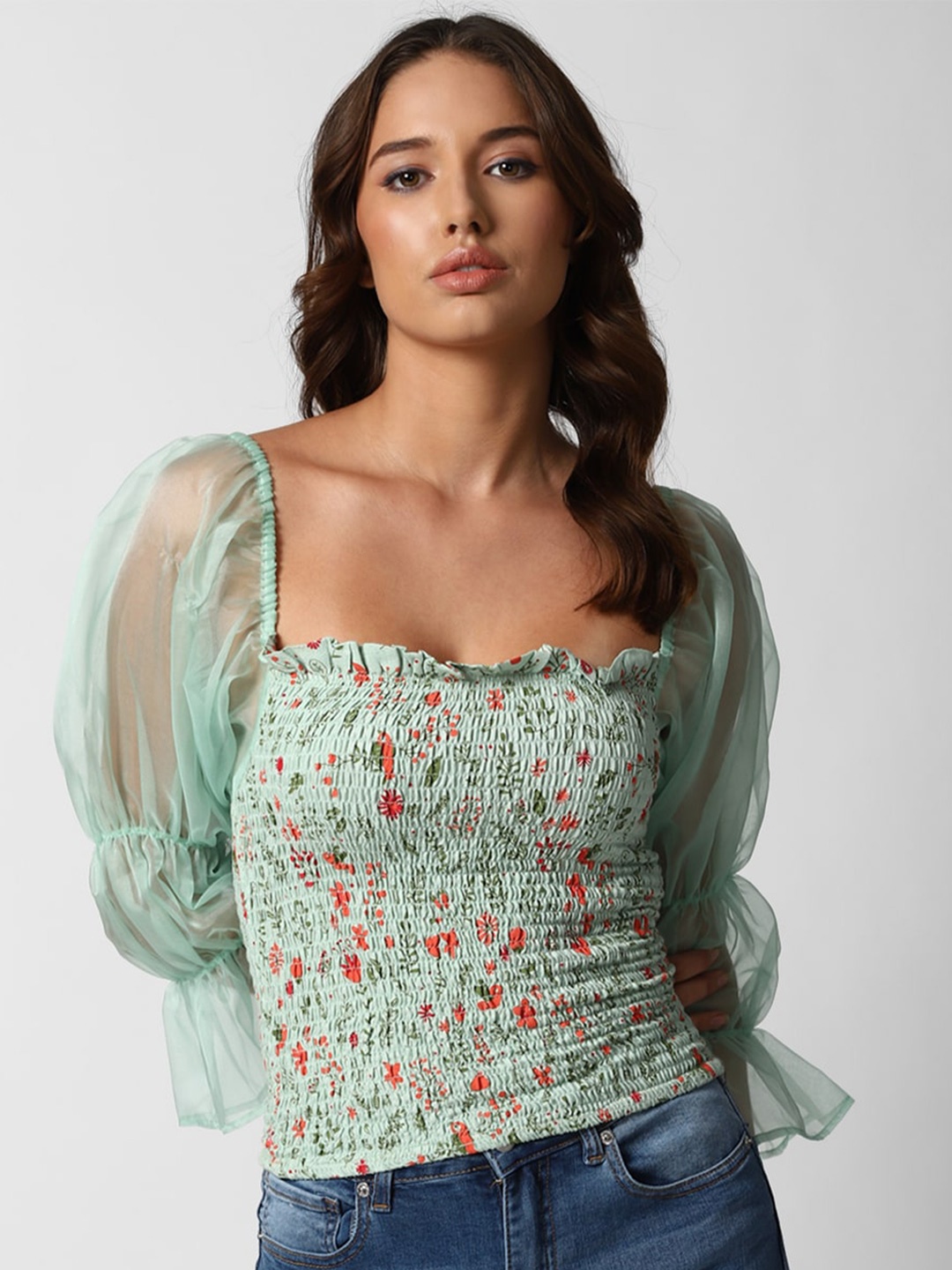 

FOREVER 21 Green & Orange Floral Puff Sleeve Regular Top