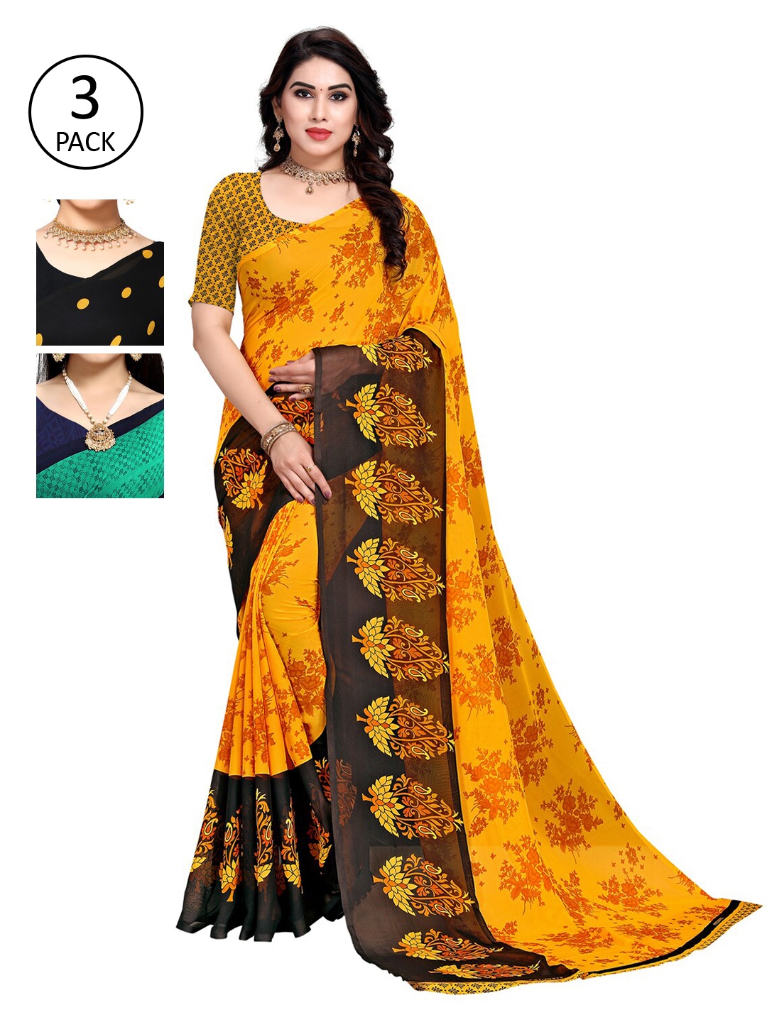 

KALINI Pack Of 3 Printed Sarees, Yellow