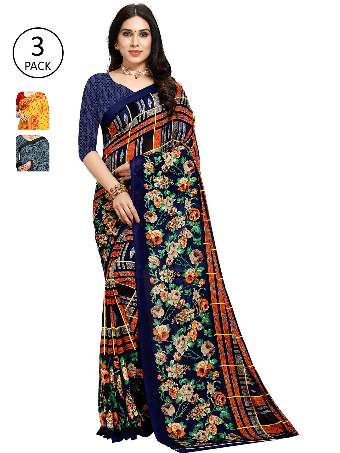 

KALINI Pack Of 3 Ethnic Motifs Sarees, Yellow