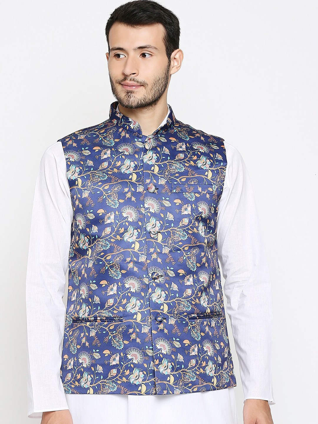 Blacksmith Men Blue Paisley Printed Satin Nehru Jacket
