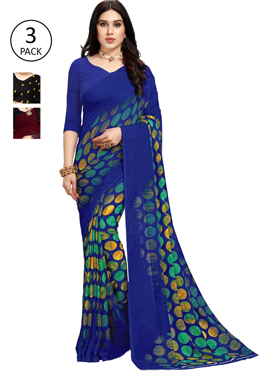 

ANAND SAREES Pack Of 3 Yellow & Blue Saree