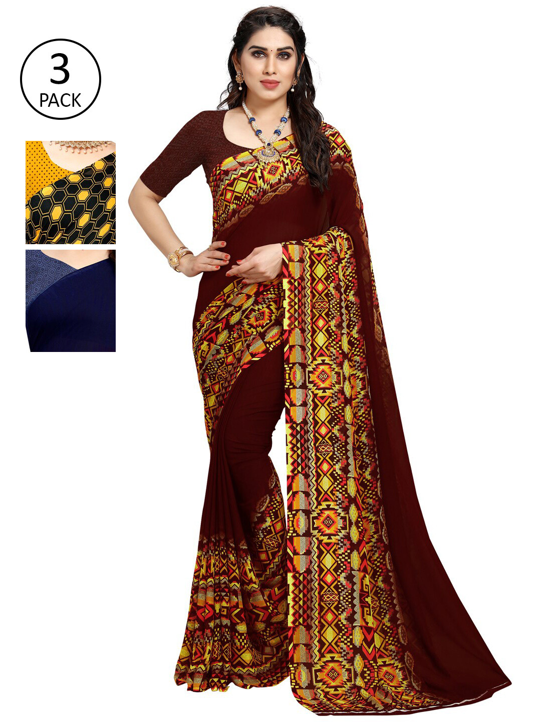 

KALINI Pack Of 3 Yellow & Black Poly Georgette Saree