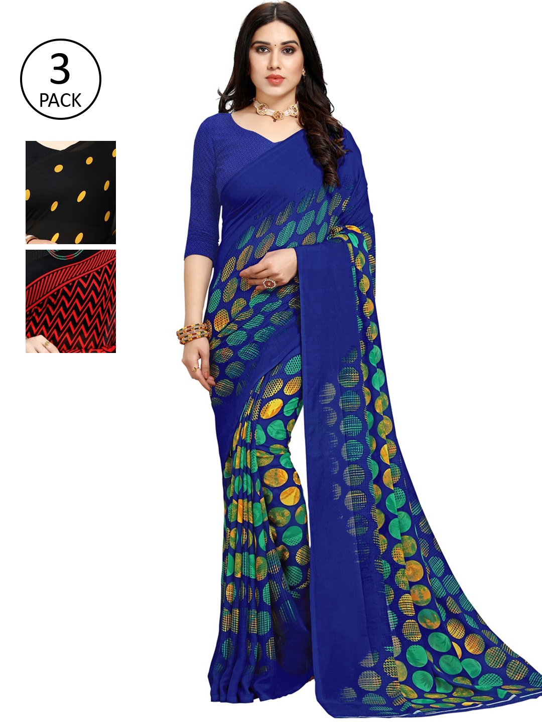 

KALINI Black & Blue Pack of 3 Saree