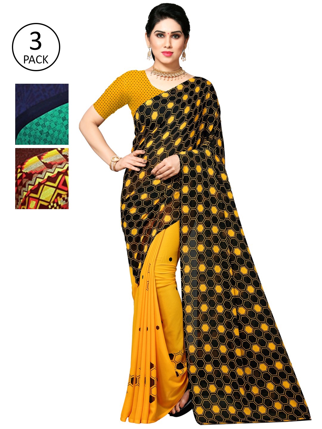 

KALINI Pack of 3 Yellow & Green Saree