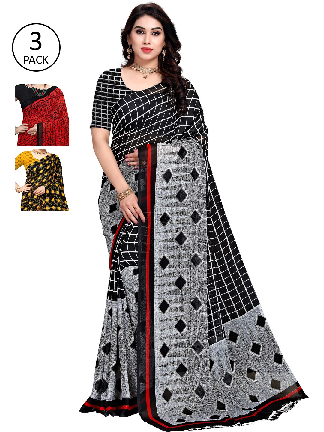 

KALINI Women Pack of 3 Printed Sarees, Red