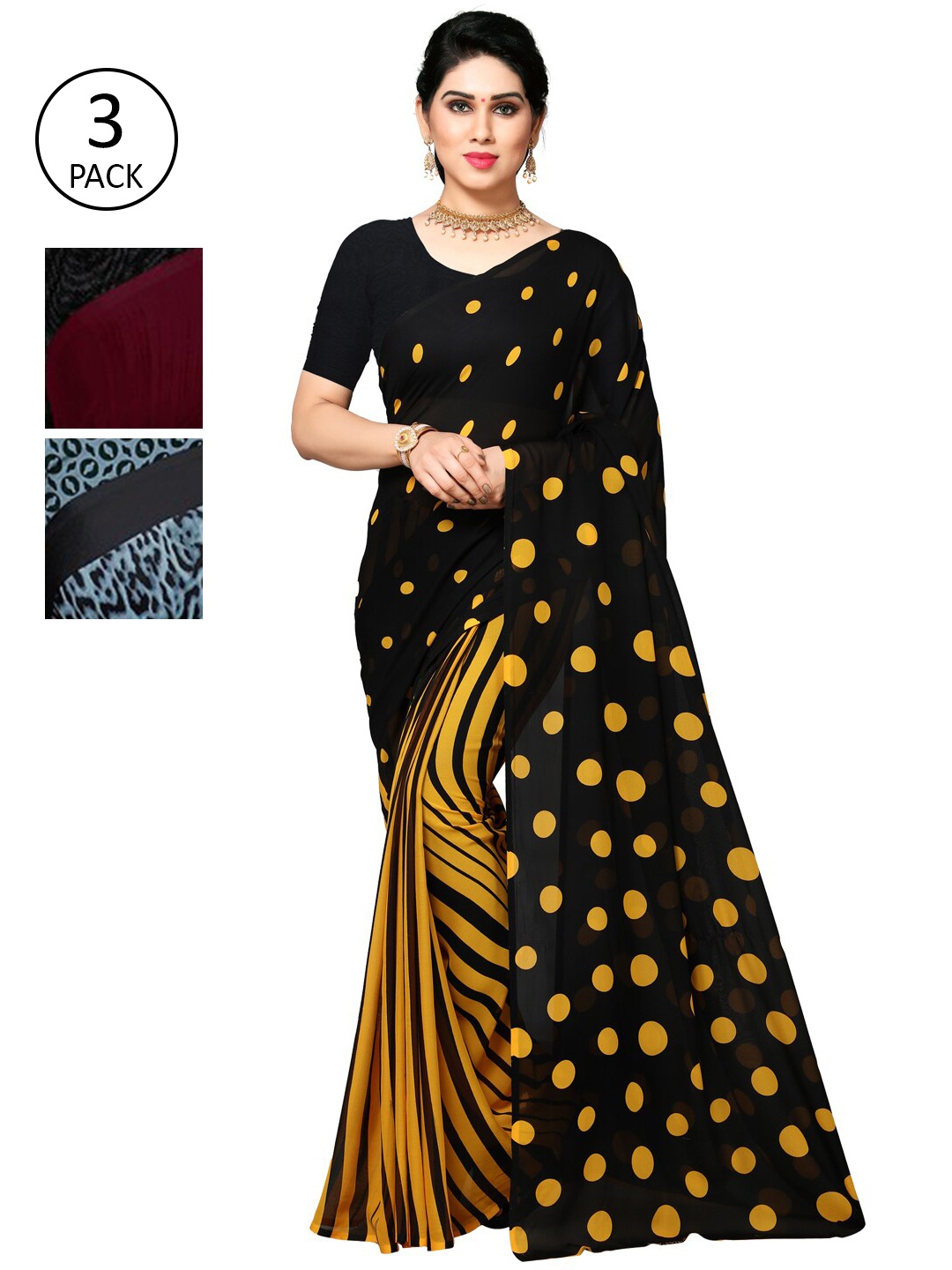 

ANAND SAREES Yellow & Burgundy Pack of 3 Printed Saree