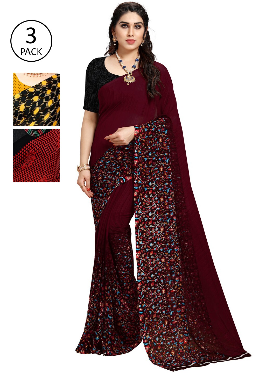 

KALINI Pack of 3 Poly Georgette Printed Sarees, Yellow