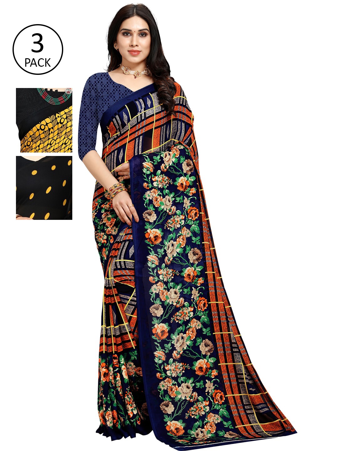 

KALINI Pack of 3 Poly Georgette Printed Sarees, Yellow