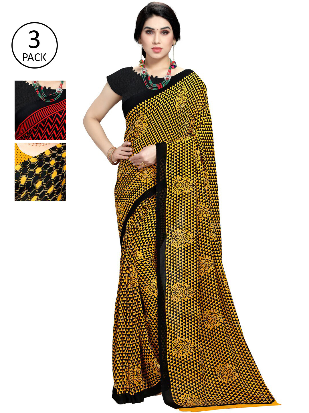 

KALINI Pack of 3 Poly Georgette Saree, Yellow