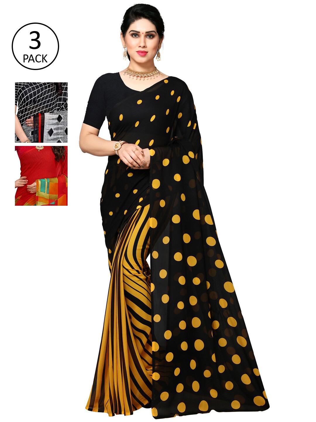 

KALINI Pack of 3 Poly Georgette Sarees, Yellow