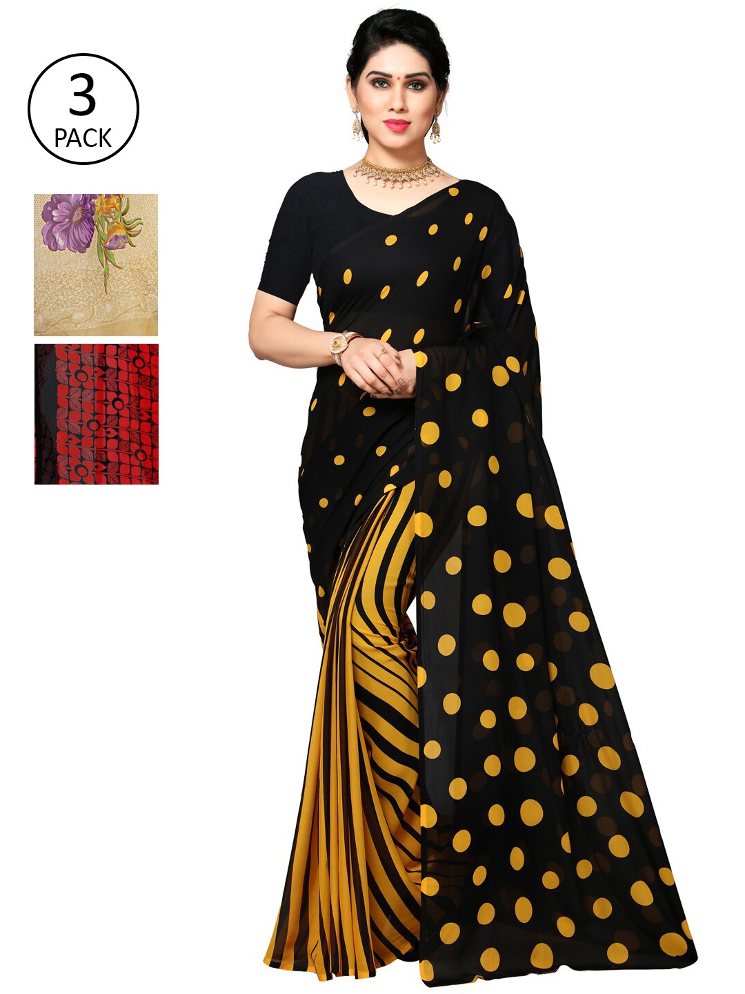 

KALINI Yellow & Black Pack of 3 Printed Saree