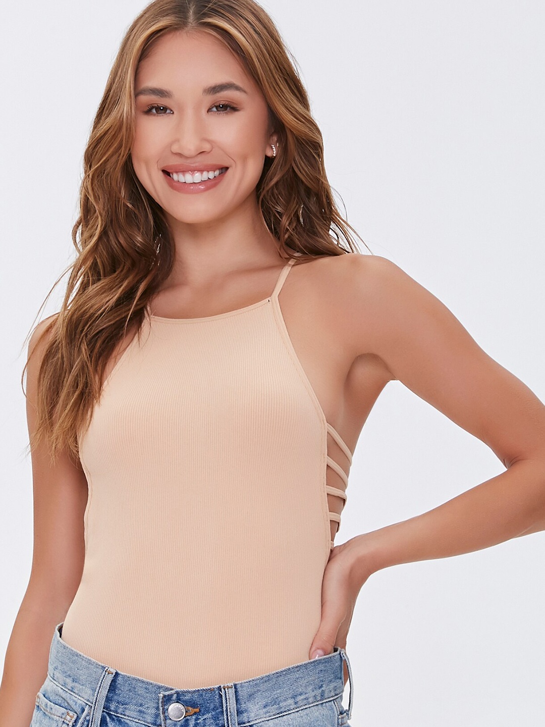 

FOREVER 21 Women Nude Coloured Solid Seamless Ribbed Knit Lingerie Bodysuit