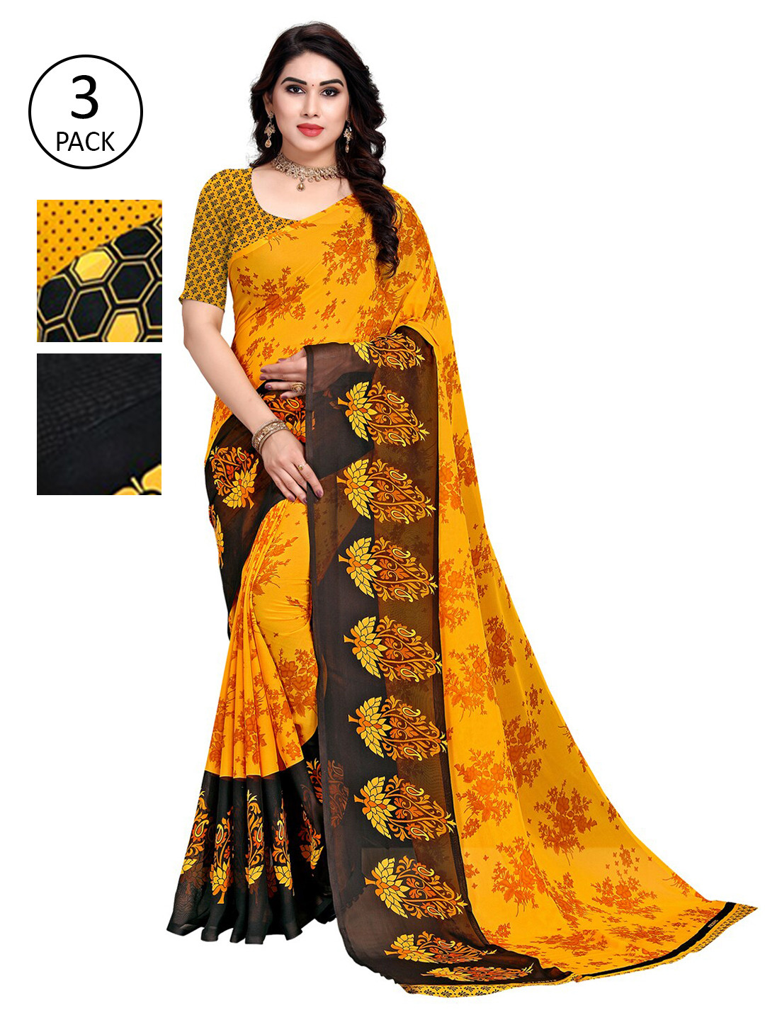 

KALINI Pack of 3 Poly Georgette Printed Sarees, Yellow