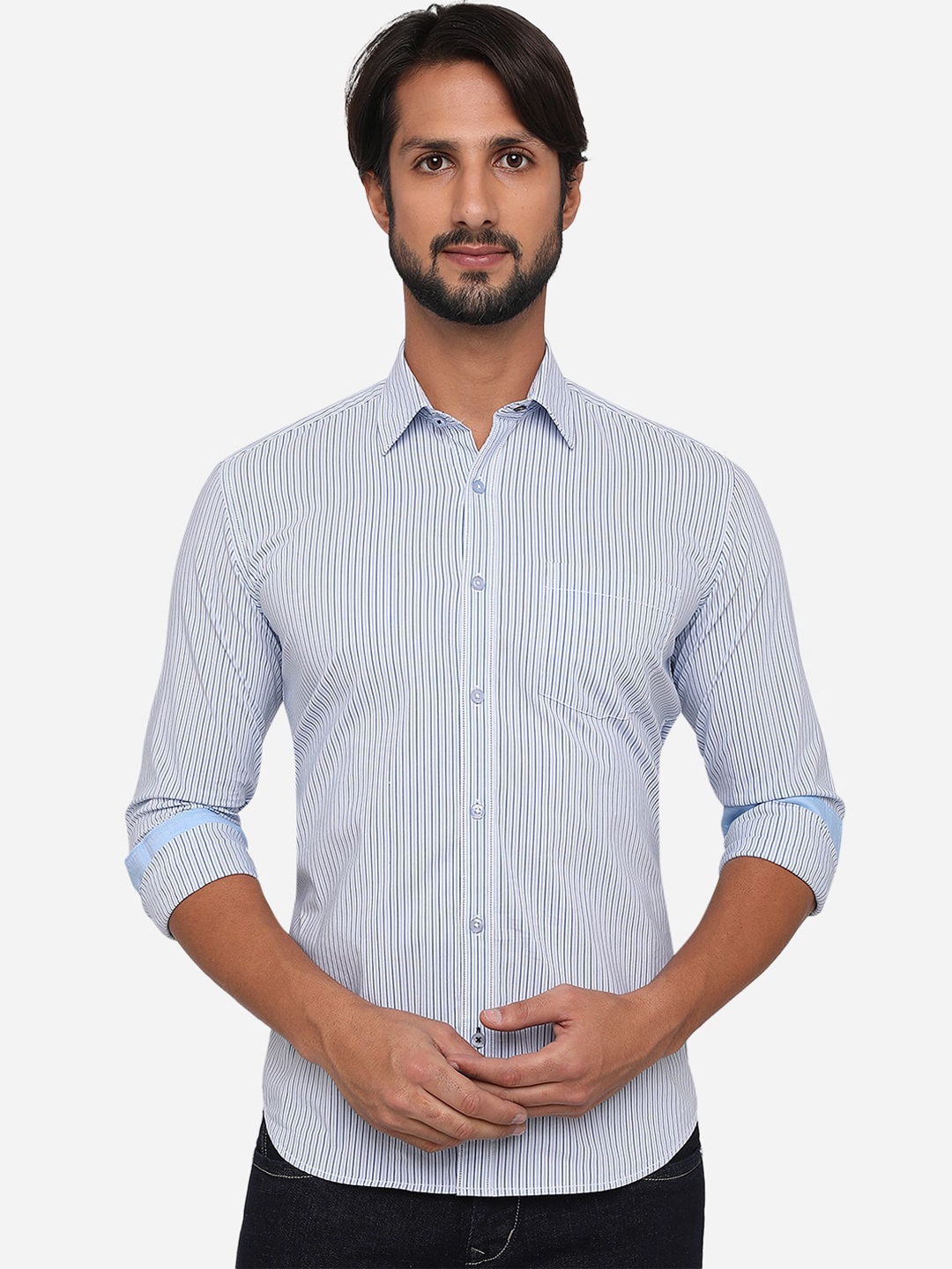 Greenfibre Men Blue Slim Fit Striped Pure Cotton Casual Shirt