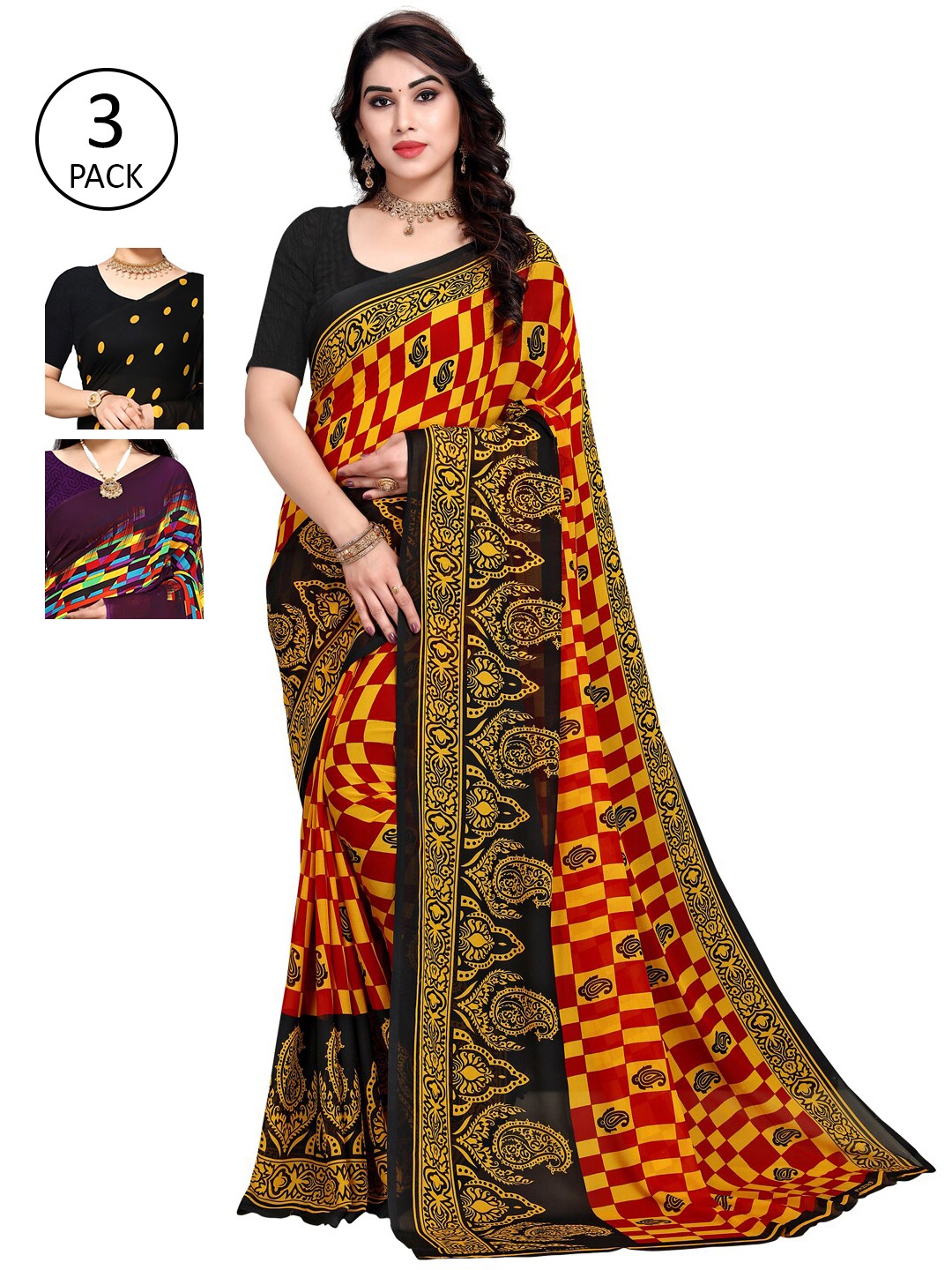 

KALINI Pack of 3 Printed Poly Georgette Saree, Multi