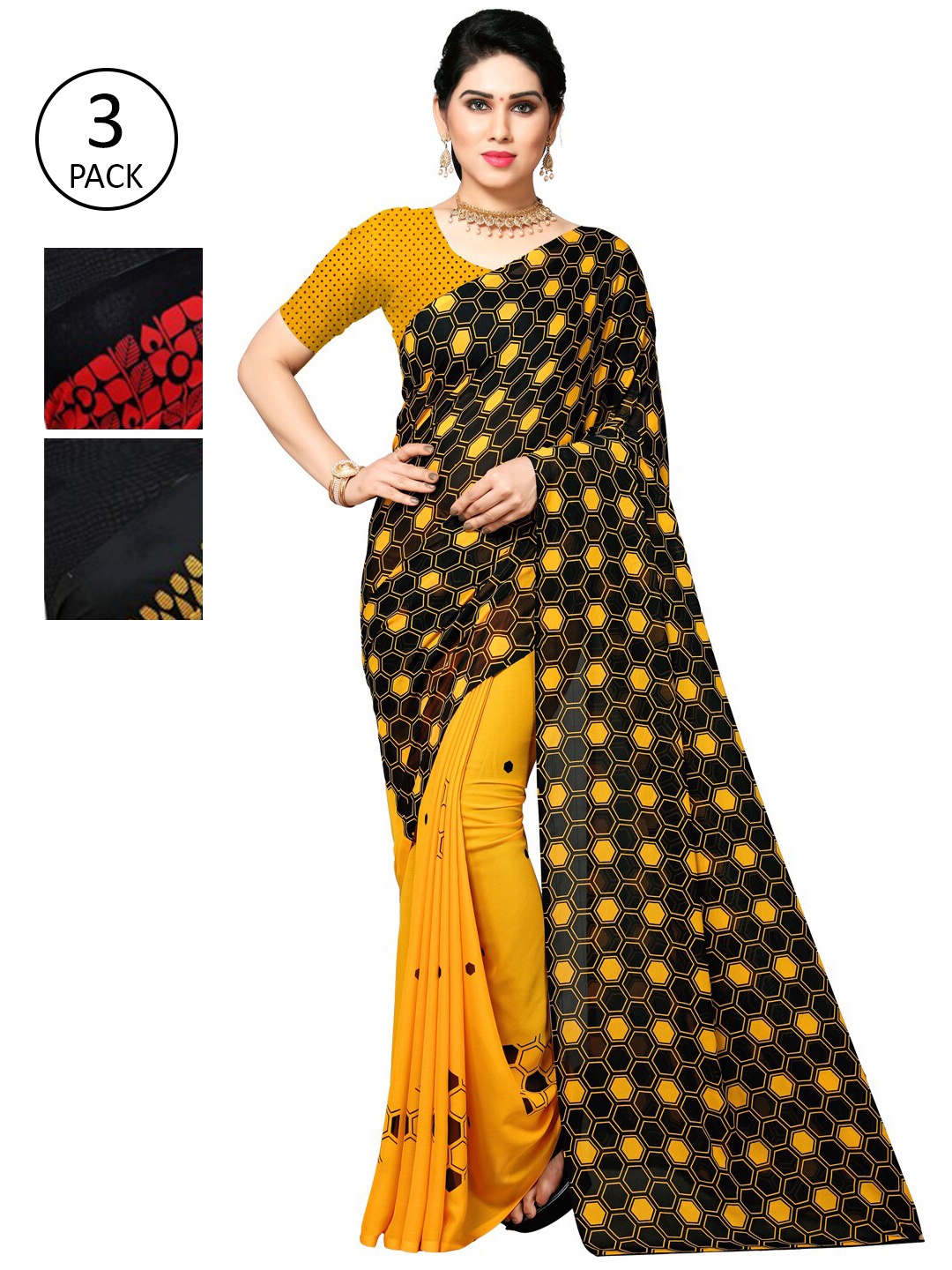 

KALINI Pack Of 3 Yellow & Red Saree