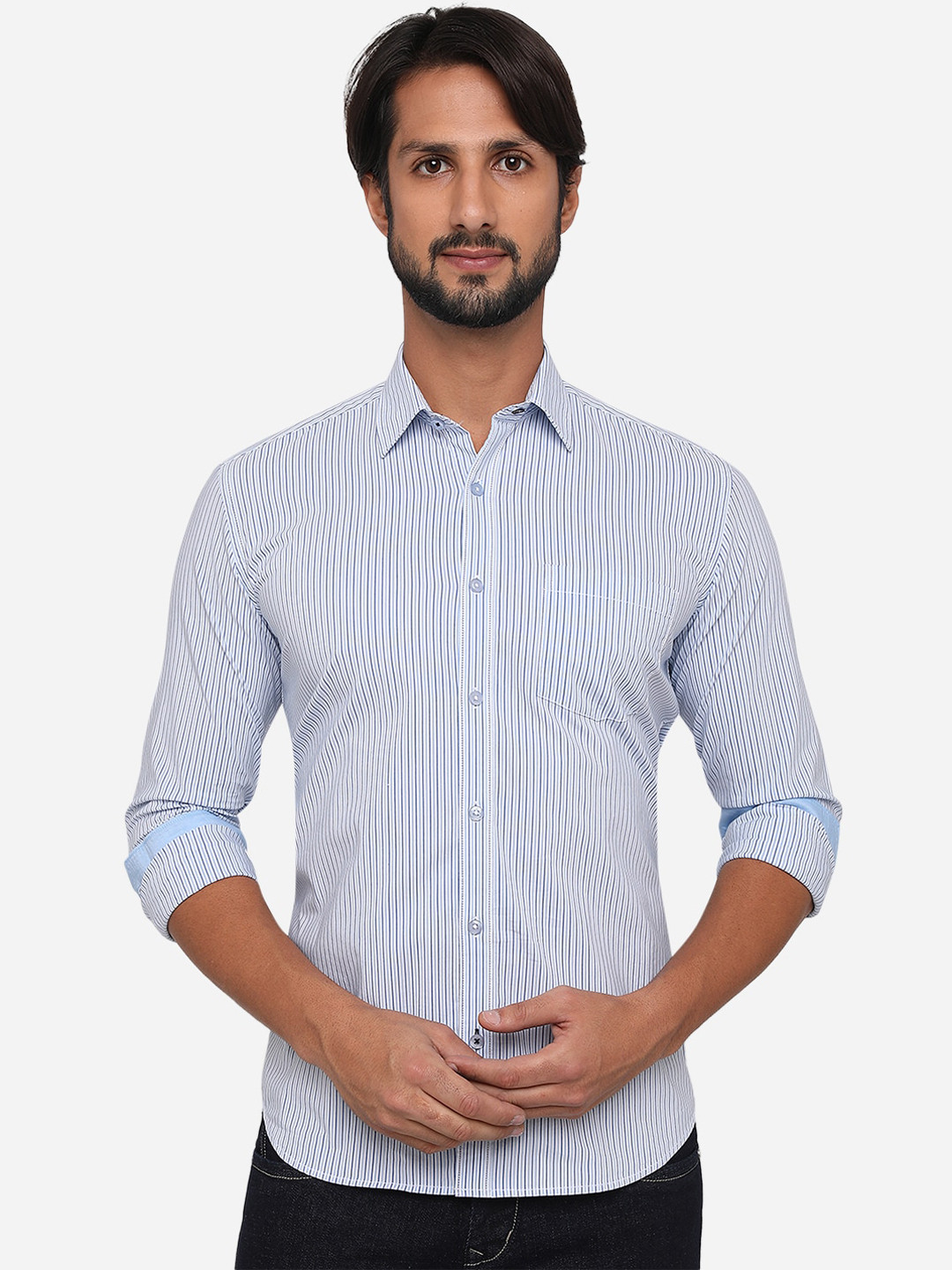 

Greenfibre Men Light Blue Pure Cotton Slim Fit Multi Striped Casual Shirt