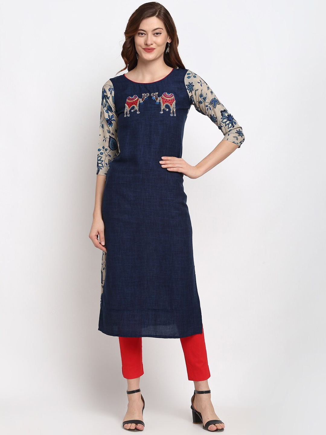 

Lovely Lady Women Navy Blue Printed & Embroidered Straight Kurta