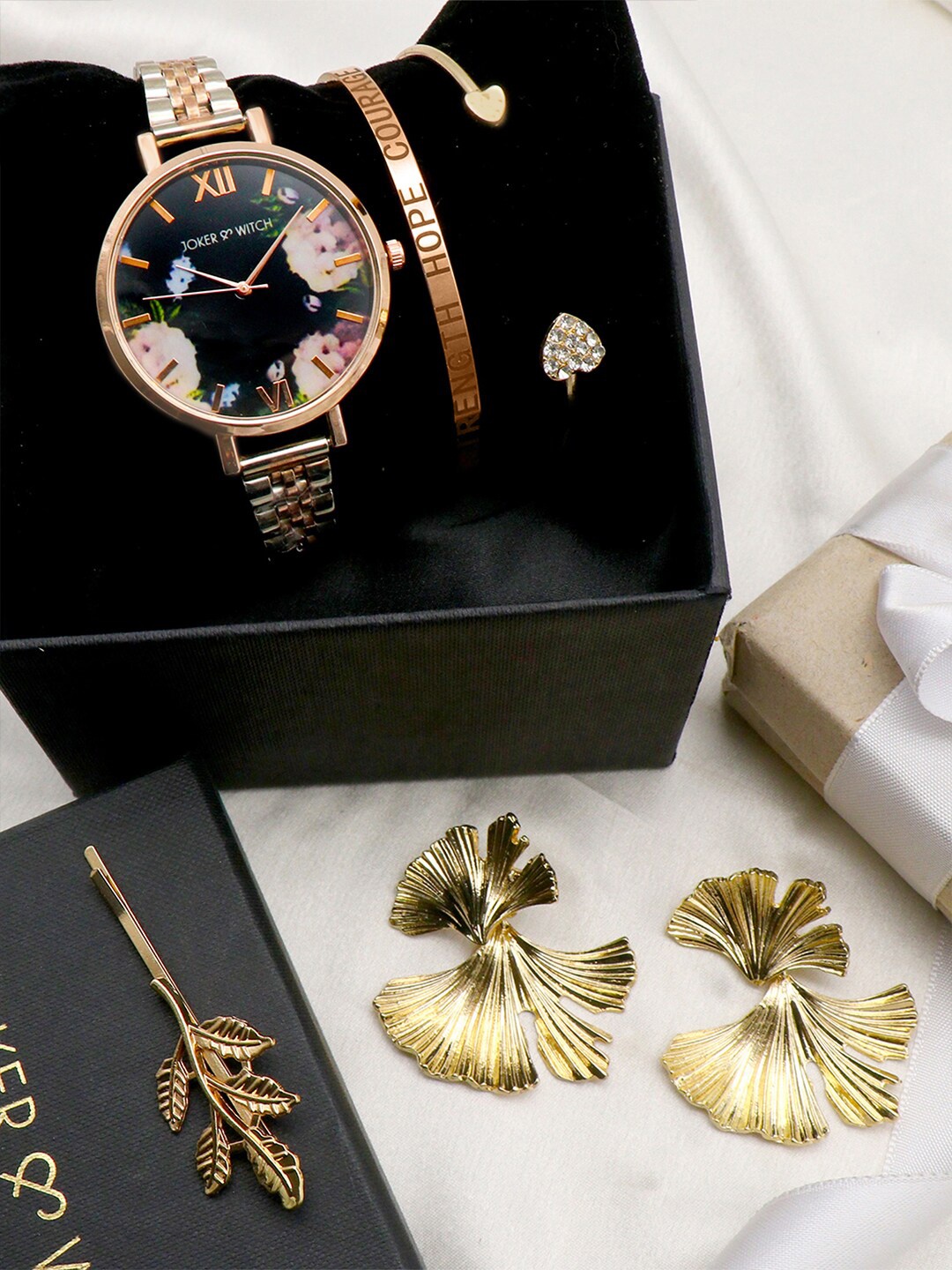JOKER & WITCH Women Black & Gold-Toned Watch Gift Set