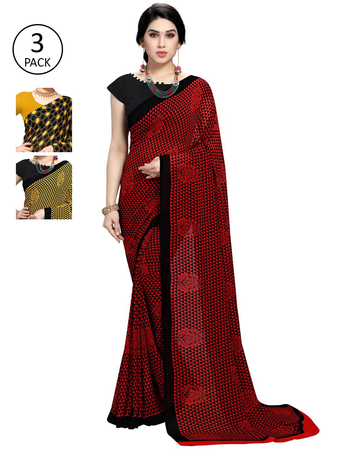 

KALINI Pack of 3 Red & Yellow Printed Saree