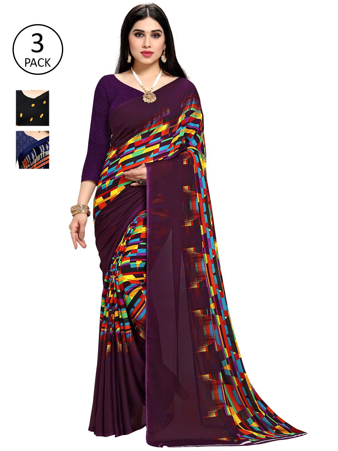 

KALINI Pack of 3 Navy Blue & Yellow Printed Saree