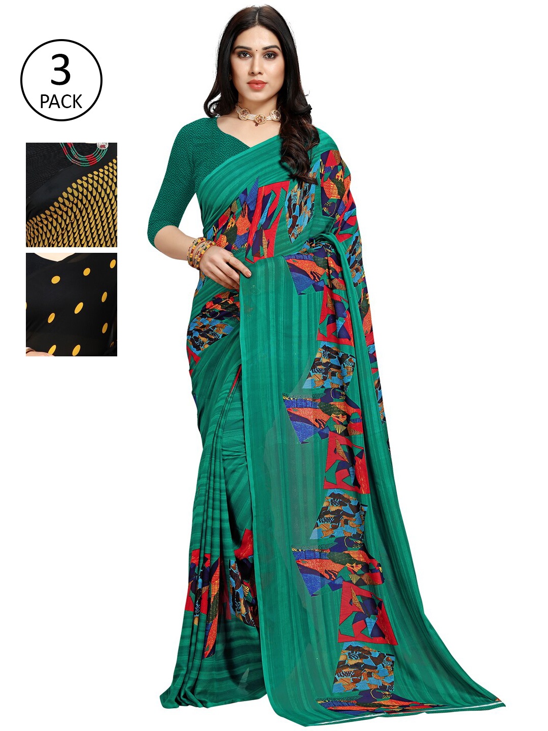 

KALINI Pack Of 3 Teal Green & Black Saree