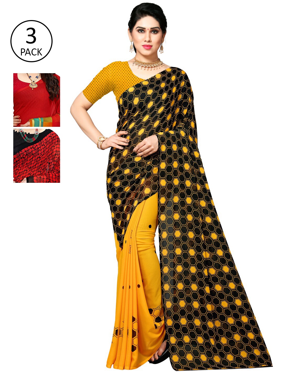 

KALINI Pack of 3 Printed Poly Georgette Sarees, Multi