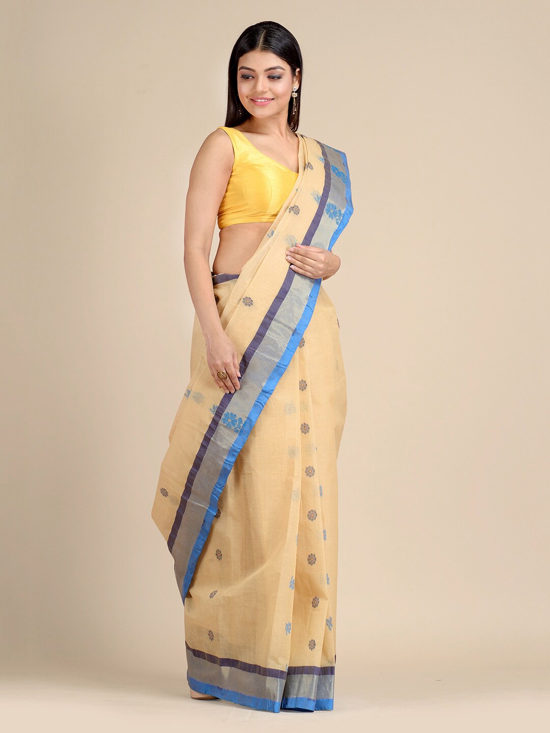 

Mitera Beige & Blue Woven Design Zari Pure Cotton Jamdani Saree