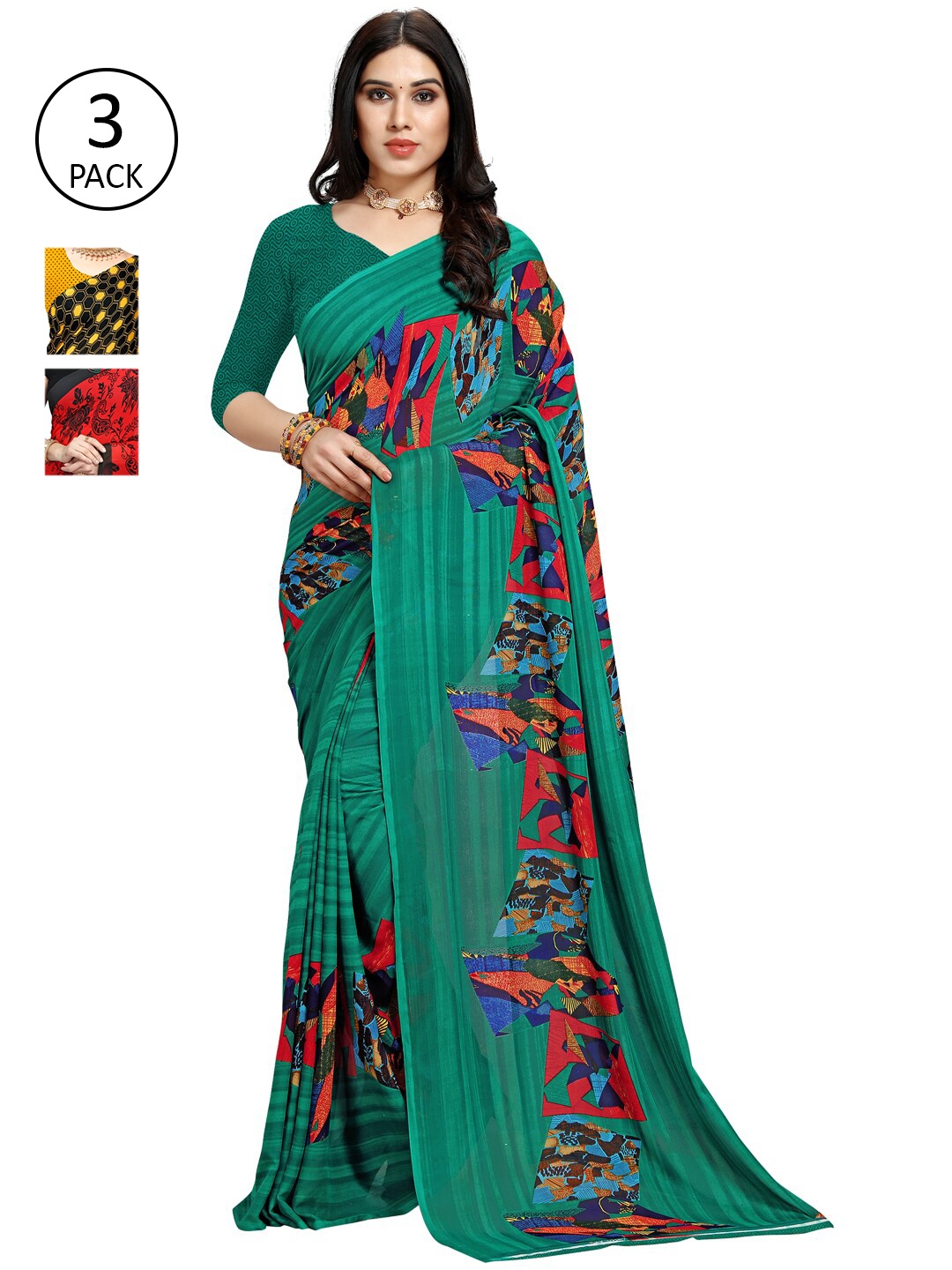 

KALINI Pack of 3 Poly Georgette Saree, Green