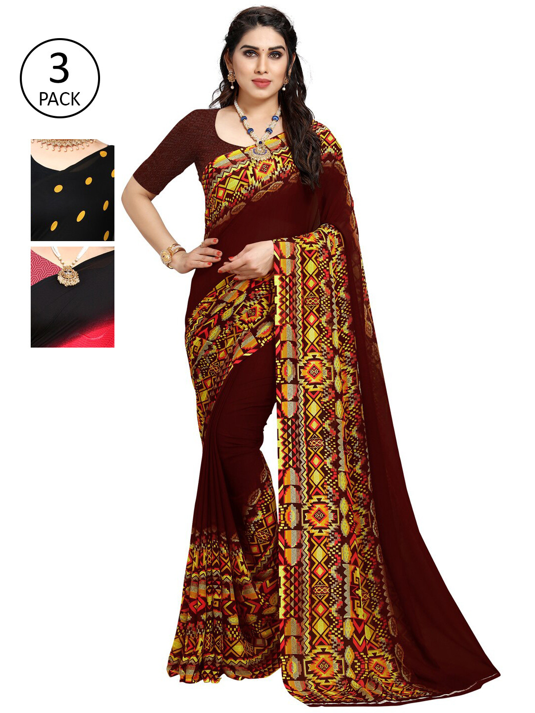 

KALINI Pack of 3 Printed Poly Georgette Sarees, Multi