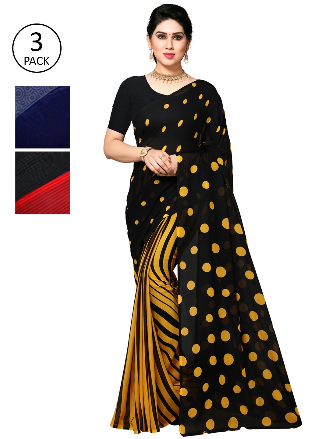 

KALINI Pack Of 3 Printed Sarees, Black