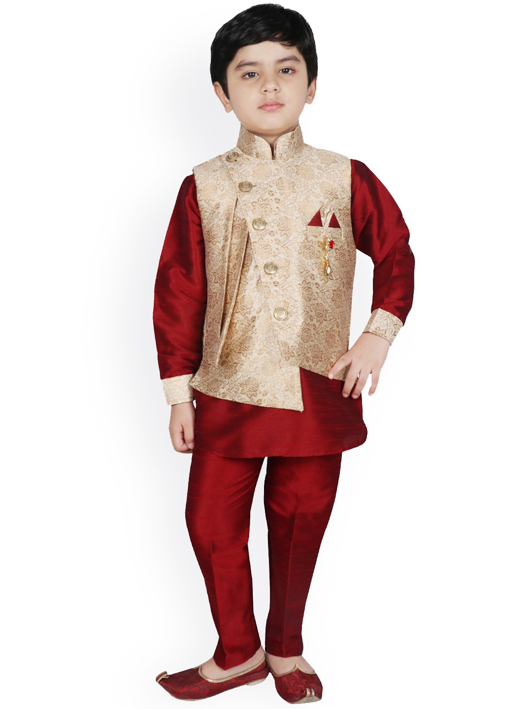 

SG YUVRAJ Boys Beige Layered Raw Silk Kurti with Trousers