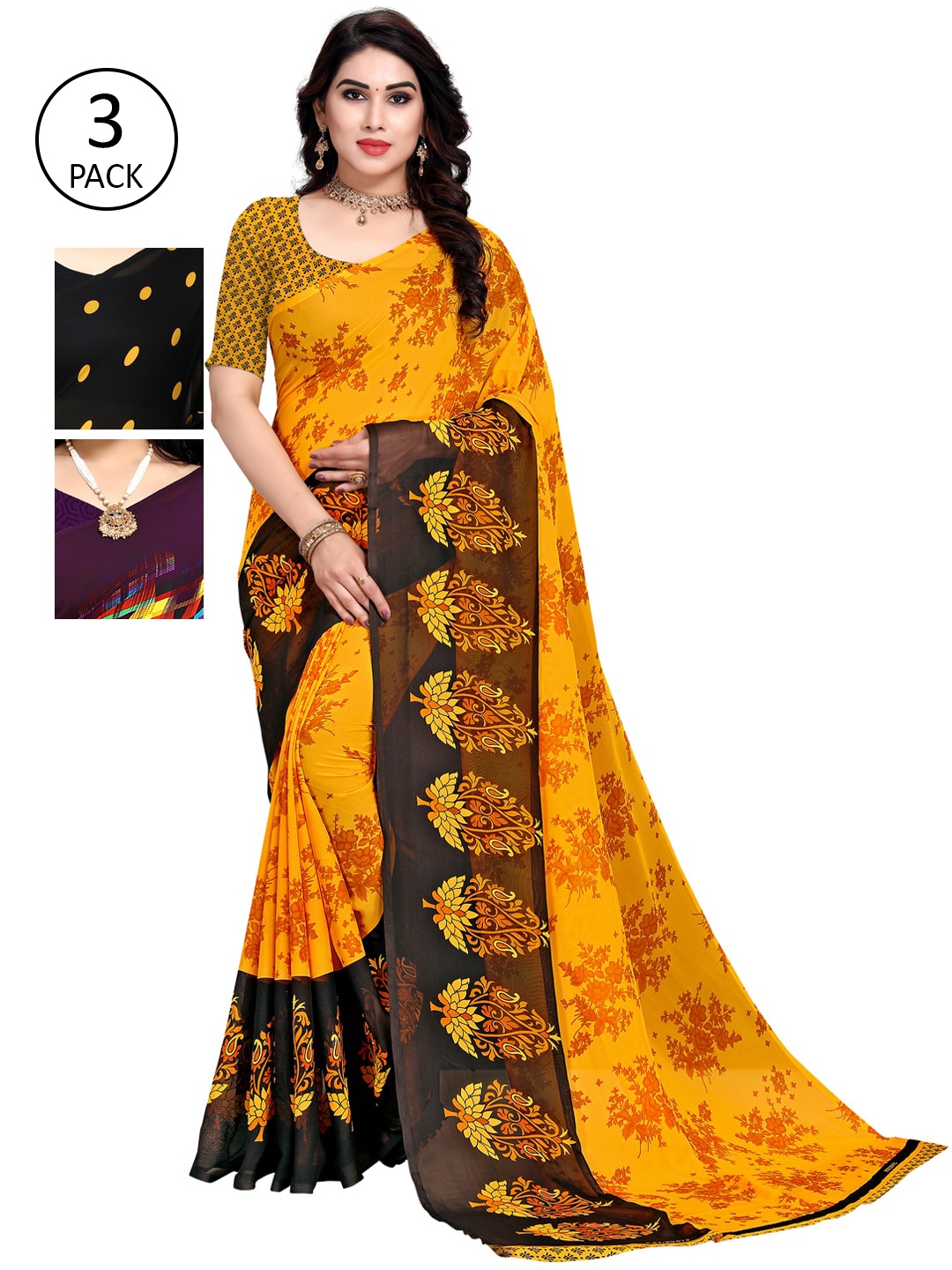 

KALINI Pack Of 3 Printed Sarees, Black
