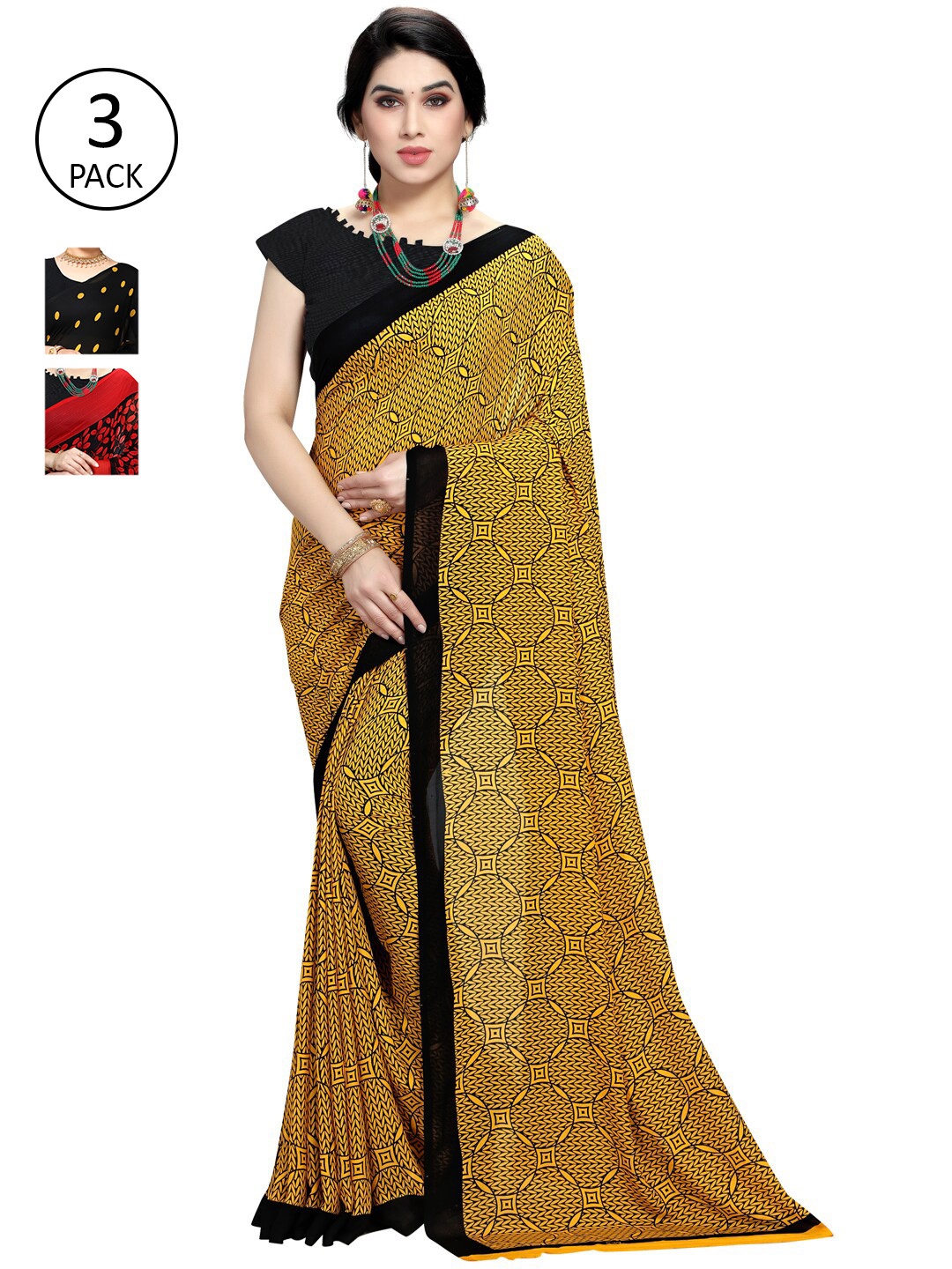 

KALINI Pack of 3 Poly Georgette Printed Sarees, Red
