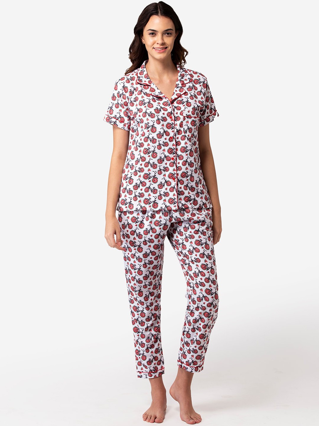 

Bellofox Women Red & White Printed Cotton Night Suit