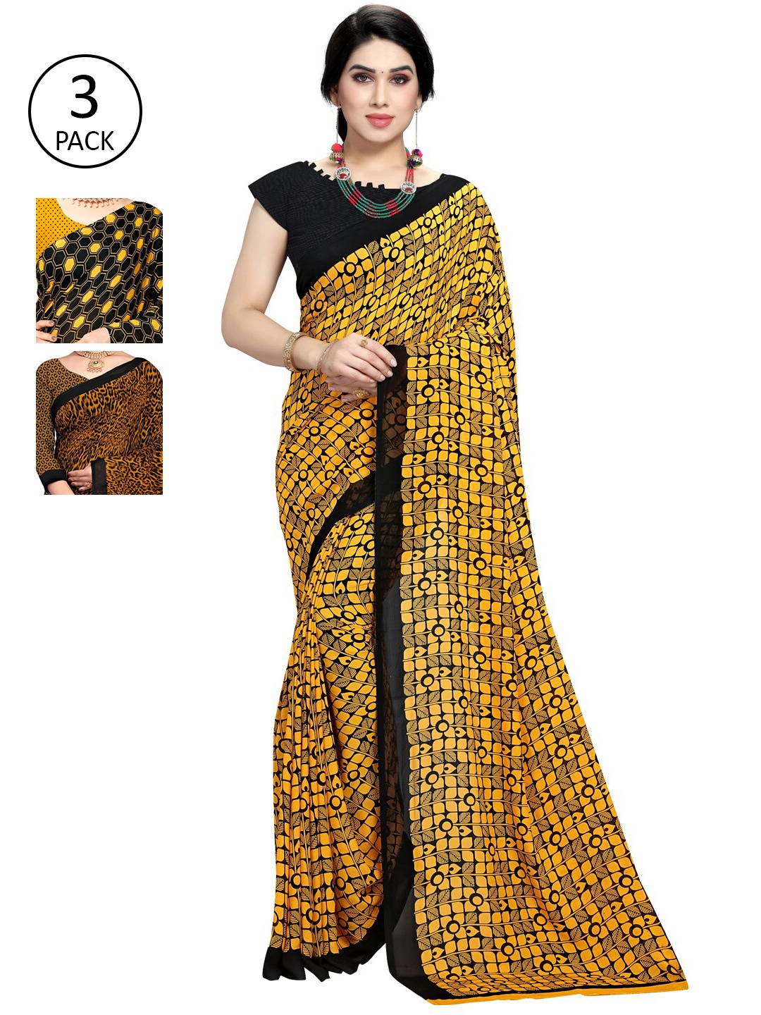 

KALINI Pack of 3 Poly Georgette Printed Sarees, Mustard