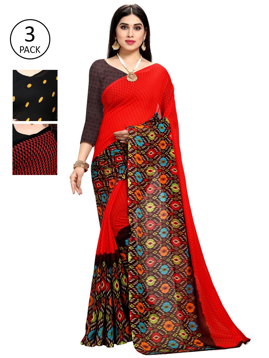 

KALINI Multicoloured Set of 3 Poly Georgette Saree, Multi