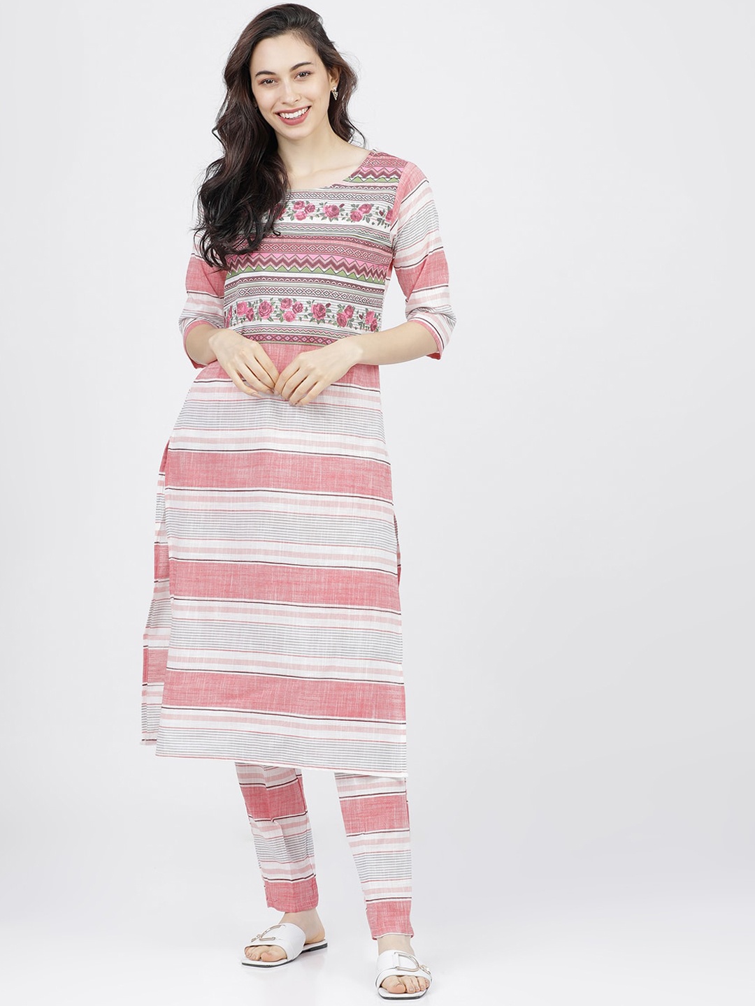 

Vishudh Women Cream-Coloured & Coral Striped Thread Work Kurta