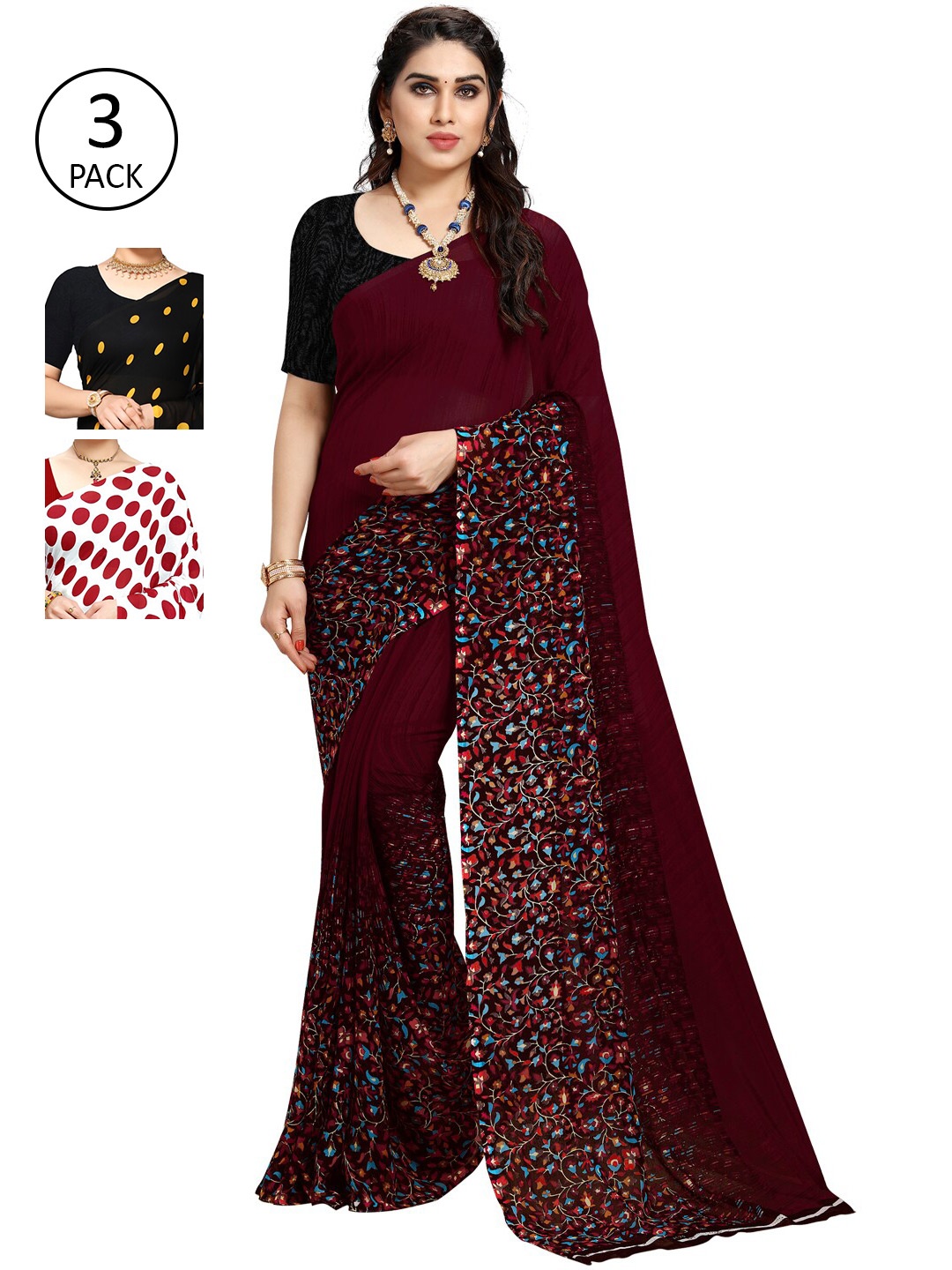ANAND SAREES Pack of 3 Poly Georgette Saree, Burgundy